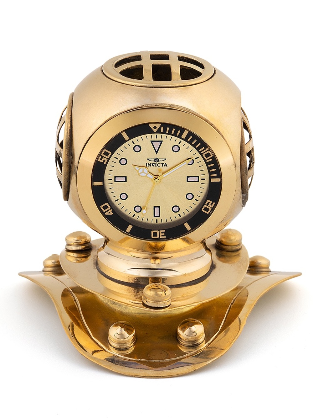 Invicta Gold- Brass Finish  Pro Diver Helmet Desk Clock Model 49038 New In Box